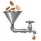 Steel funnel with golden pile coins and faucet and drop.