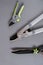 Steel Garden tool on gray background.Secateurs, loppers and hedge trimmers.Garden equipment and tools.Tools for pruning