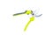 Steel gardening secateurs, scissors tool with green grip for pruning of plants and flowers, garden work, isolated on white