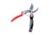 Steel gardening secateurs, scissors tool with red and black grip for pruned of plants and flowers garden work, isolated on white