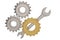 Steel and gold gears and wrench on white background. 3D illustration.