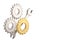 Steel and gold gears and wrench on white background. 3D illustration.