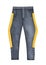 Steel grey trousers with yellow-gold leg stripe.