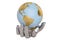 Steel hands keeping holding or protecting globe,3D illustration.