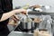 Steel pan with boiling and bubbling sugar mass for making caramel