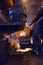 Steel production in electric furnaces. Sparks of molten steel. Electric arc furnace shop .