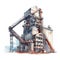 Steel production, large industrial enterprise, light and airy watercolor illustration, AI generative