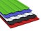 Steel profiled multi-colored sheets stacked in a stack. Sale of steel assortment. 3D Rendering