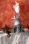 Steel roman gladiator helmet, with a short sword of