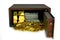 Steel safes box full of coins stack and gold bar