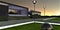 Steel street lights and metal balls on the grass near elite suburban estate one hour before sunrise. 3d rendering