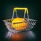 steel supermarket basket with orange on black background close-up