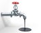 A steel tap with running oil, flowing in a puddle on the ground, on white background, pipeline concept,