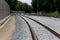 Steel Train tracks, rail ties, lined up into the horizon