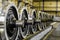 Steel wagon wheels in a repair depot. Wheels of train in service