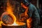 Steelmaker stirs molten steel in cast iron vat on foundry industry