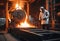 Steelmaker wearing protective clothe at ingot casting. Electric arc furnace shop. Metallurgy. steelmaker pours pig iron