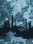 Steelworks silhouette on grunge blue background.