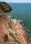 Steep clayey and shell rock shore overgrown with wild steppe vegetation on the island of Berezan, Ukraine