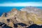 Steep mountains of Lofoten Island on a sunny arctic day. View from the top of Hermannsdalstinden peakHiking mountains of Lofoten,