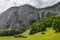 Steep mountains and waterfalls in valley of Lauterbrunnen