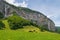 Steep mountains and waterfalls in valley of Lauterbrunnen