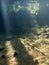 Steep peat shore of forest lake with shadows and sunrays