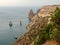 Steep precipitous shore of sea and coastal cliffs, top view