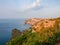 Steep precipitous shore of sea and coastal cliffs, top view