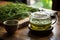 a steeping pot of green tea on a natural wood table