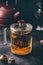 Steeping red tea in glass mug