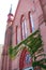 Steeple tower, windows and ivy facade, church, downtown Keene, N