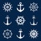 Steering ship wheels and anchors icons. Naval navigation vector signs