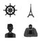 Steering wheel, Eiffel tower and other web icon in black style. man, grave icons in set collection.