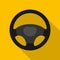 Steering wheel icon isolated on yellow background. Car wheel control silhouette, Black auto part driving in flat style.