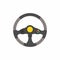 Steering wheel from sport car. Modern F1 wheel with black and grey color, auto part. Flat element icon. Extreme racing, driving