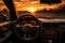 Steering wheel, summer road trip on scenic highway at sunset on vacation