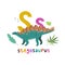 Stegosaurus. Cute cartoon hand drawn illustration with dinosaur and S letter.