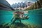 stegosaurus swimming in deep, crystal-clear lake