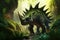 stegosaurus walking through lush jungle, its plates and spikes visible