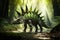 stegosaurus walking through lush rainforest, its skin and plates glistening in the sunlight