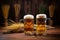 steins of wheat and lager beer side by side on a wooden table