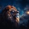 Stellar Contemplation: Majestic Male Lion Ponders Under Starlit Night Sky