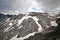 Stelvio mountain pass peak or Stilfser Joch scenic summer snow mountain view