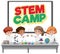 Stem camp logo with kids wearing scientist costume isolated