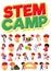 Stem camp logo and set of children with education objects isolated