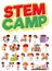 Stem camp logo and set of children with education objects isolated