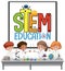 Stem education logo with kids wearing scientist costume isolated
