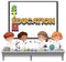 Stem education logo and kids wearing scientist costume isolated