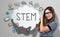 STEM text with woman holding a speech bubble